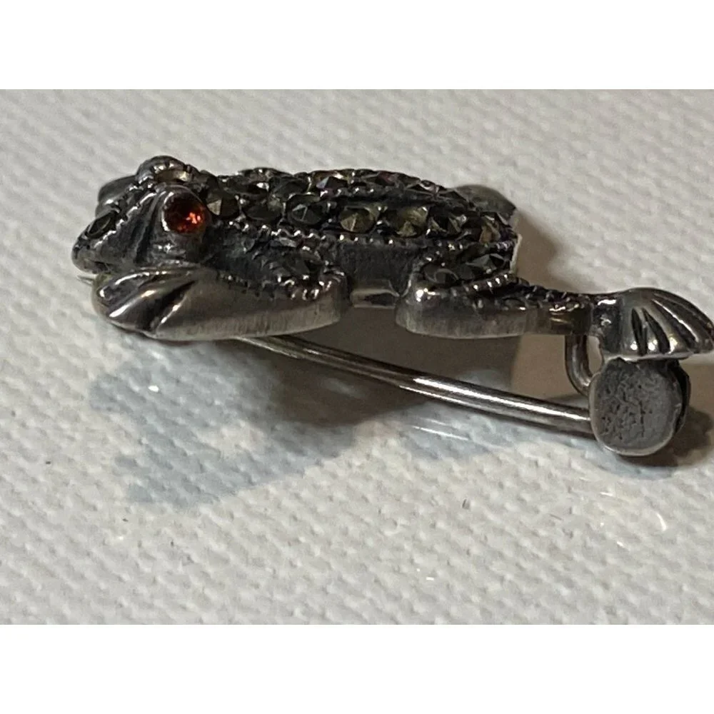 Vintage Two Silver‎ Marcasite Frog Pins with Red Glass Eyes